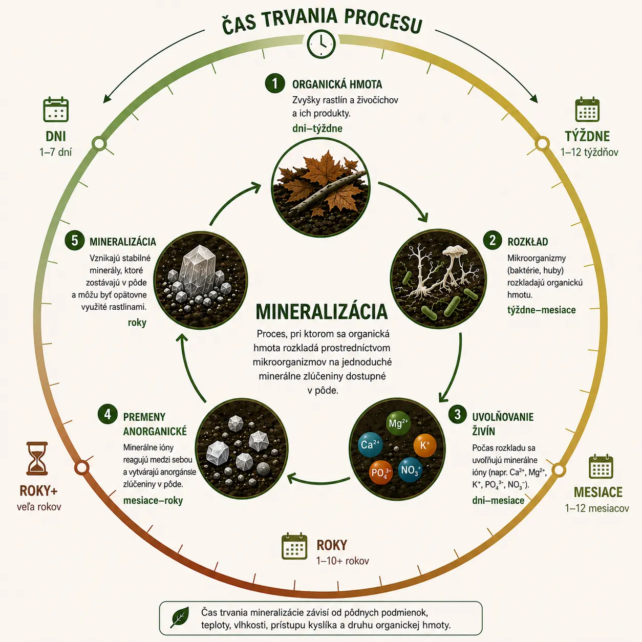 Kruhová infografika v slovenčine s názvom „Čas trvania procesu“ znázorňuje 5 fáz mineralizácie pôdy. V strede je definícia mineralizácie ako rozkladu organickej hmoty na jednoduché zlúčeniny. Okolo stredu sú v kruhu usporiadané šípky spájajúce 5 ilustrovaných fáz: 1. Organická hmota (opadané lístie, dni-týždne), 2. Rozklad mikroorganizmami (týždne-mesiace), 3. Uvoľňovanie živín (minerálne ióny Ca2+, Mg2+, K+, PO43-, NO3-, dni-mesiace), 4. Anorganické premeny (mesiace-roky) a 5. Mineralizácia s vytvorením stabilných minerálov (roky). Po obvode kruhu je časová os od dní, cez týždne, mesiace až po desiatky rokov. Dole je poznámka, že čas trvania závisí od pôdnych podmienok, teploty, vlhkosti, kyslíka a druhu hmoty.