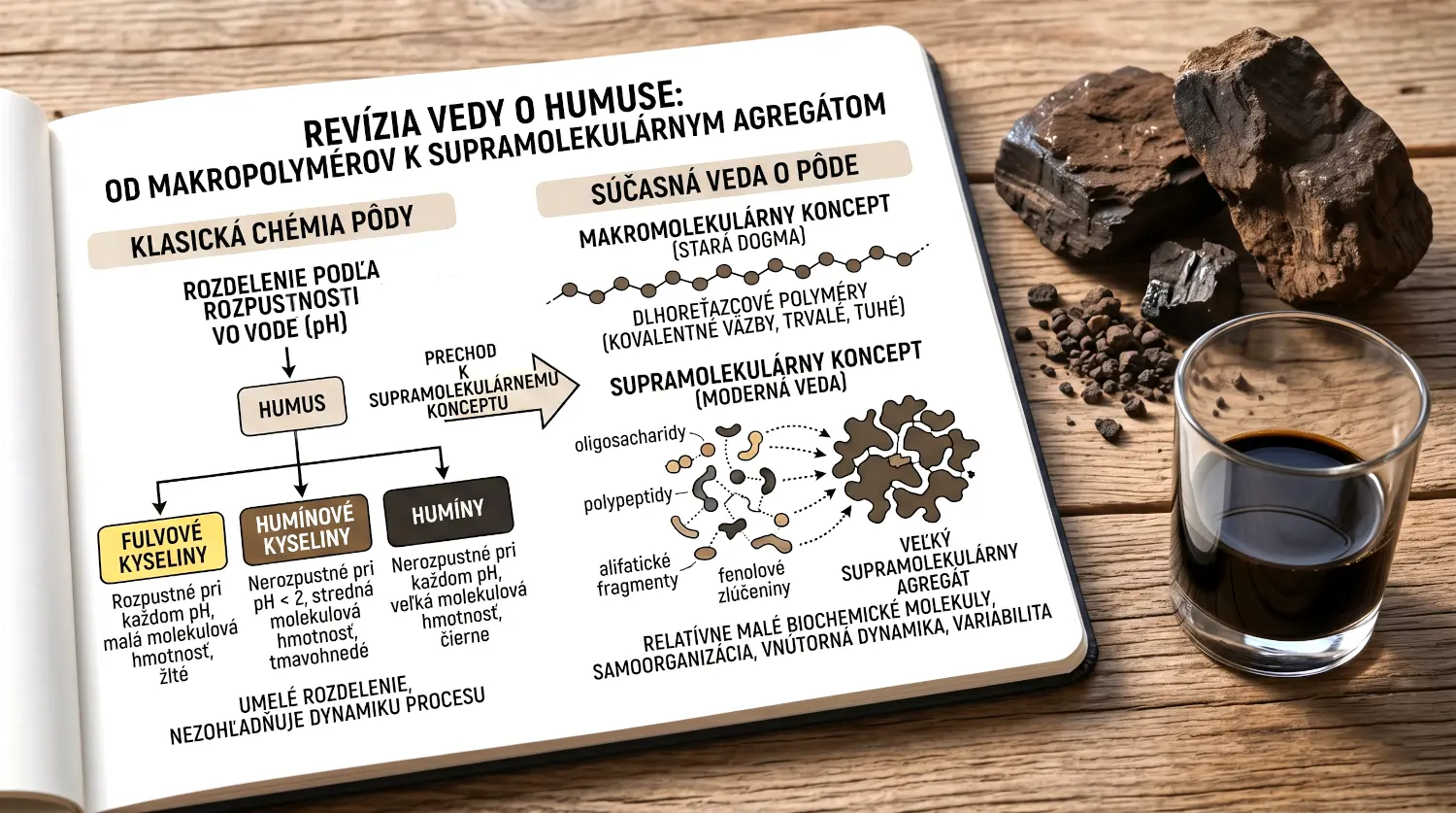 Infografika v otvorenej knihe položenej na drevenom stole s nadpisom „Revízia vedy o hústuse: Od makropolymérov k supramolekulárnemu agregátu“. Vľavo je schéma „Klasická chémia pôdy“, ktorá delí humus podľa rozpustnosti vo vode (pH) na tri frakcie: fulvové kyseliny, humínové kyseliny a humíny, s poznámkou, že ide o umelé rozdelenie. Šípka ukazuje prechod k pravej časti „Súčasná veda o pôde“. Tá porovnáva starú dogmu „Makromolekulárny koncept“ (dlhoreťazcové polyméry s pevnými kovalentnými väzbami) s modernou vedou „Supramolekulárny koncept“. Graficky znázorňuje, ako sa relatívne malé biochemické molekuly (oligosacharidy, polypeptidy, alifatické fragmenty, fenolové zlúčeniny) samovoľne organizujú do veľkého supramolekulárneho agregátu. Vedľa knihy ležia kúsky hnedého uhlia a pohár s tmavým humínovým extraktom.