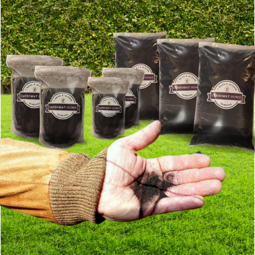 Carbomat HUMIC na trávniku (produkty) a dlaň so sypkým Carbomat HUMICom