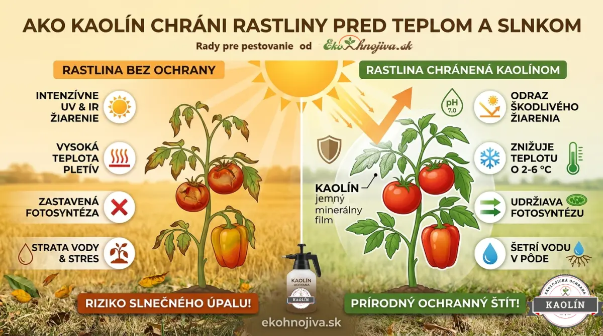 Infografika ako kaolín chráni rastliny pred slnečným úpalom znížením teploty a odrazom UV žiarenia ekohnojiva.sk