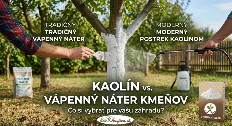 Porovnanie tradičného vápenného náteru kmeňa stromu a moderného postreku kaolínom ekohnojiva.sk