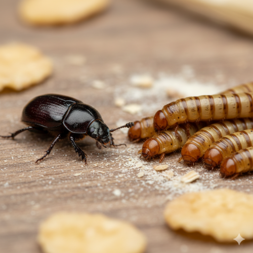 AKO DÁVKOVAŤ HMYZIE HNOJIVO TRUSEKO AGRO PRÉMIUM - Múčiar obyčajný (Tenebrio molitor) dospelý jedinec a larvy