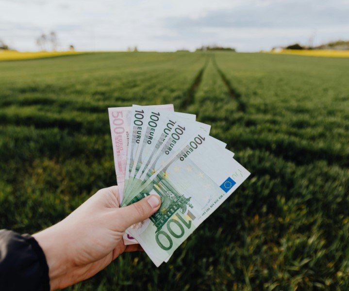 CarboHUMIC je tekutý humus - peniaze v ruke človeka pre zeleným poľom symbolizujú ekonomické výhody použitia CarboHUMICU pri pestovaní